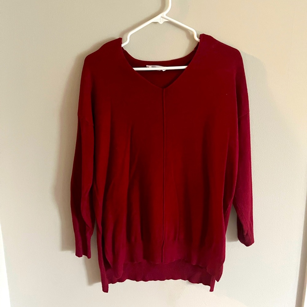 Double Zero Red V-Neck Sweater with Split Hem, Size S